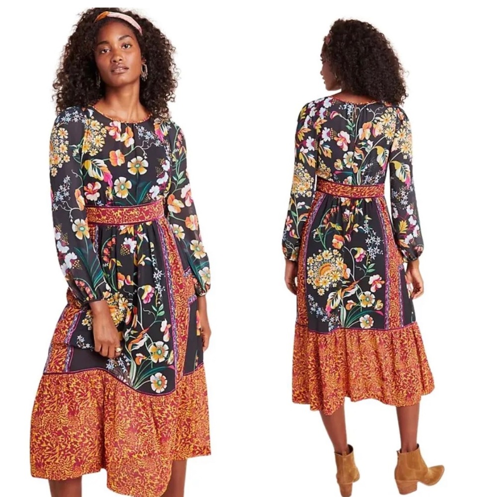 ANTHROPOLOGIE | Adair Velvet Trimmed Midi Dress Long Sleeve Floral